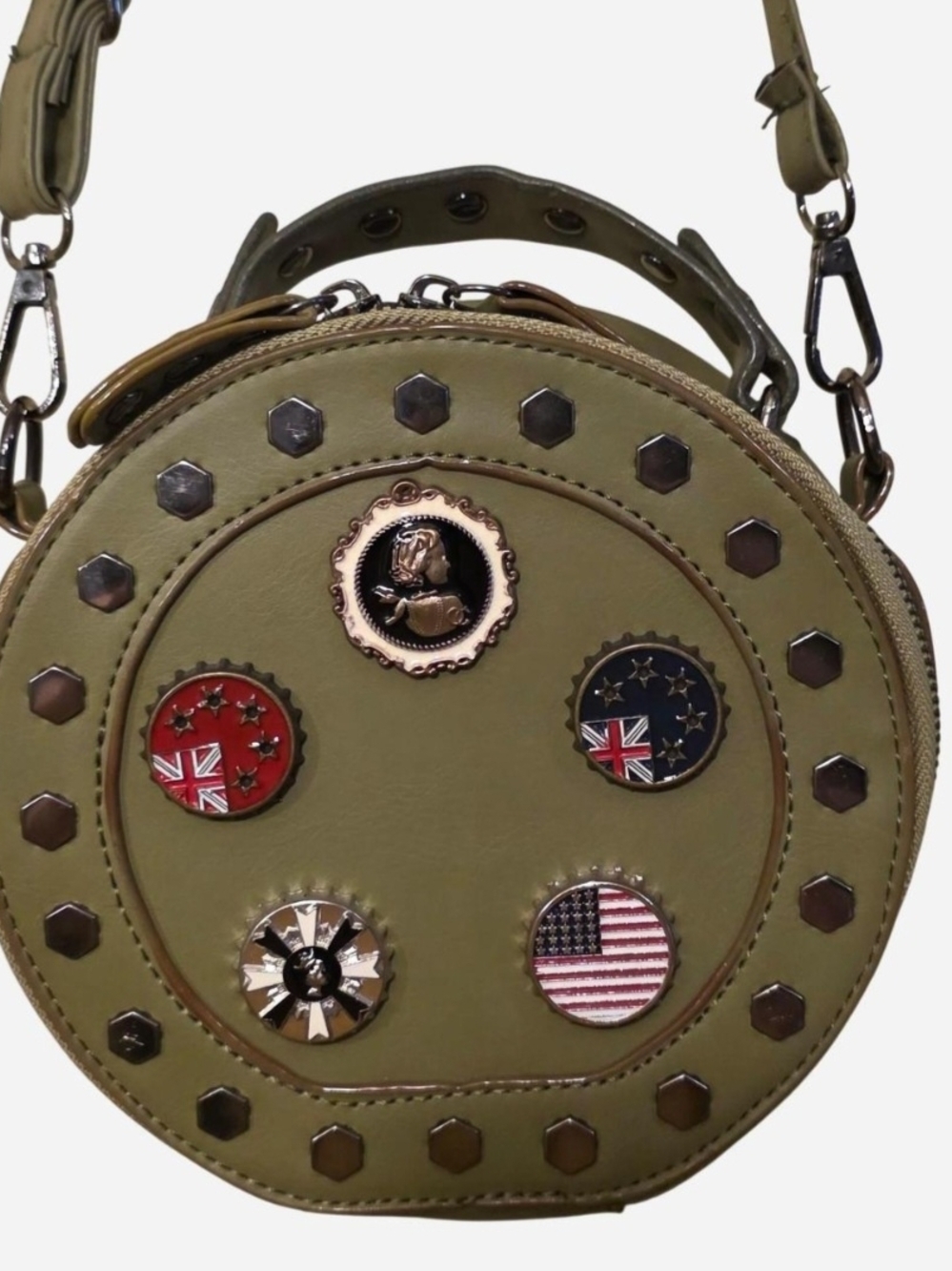SHEIN Olive Green Round Crossbody with Flag and Stud Accents Punk Alternative